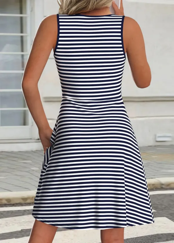 Navy Striped Sleeveless Round Neck Dress