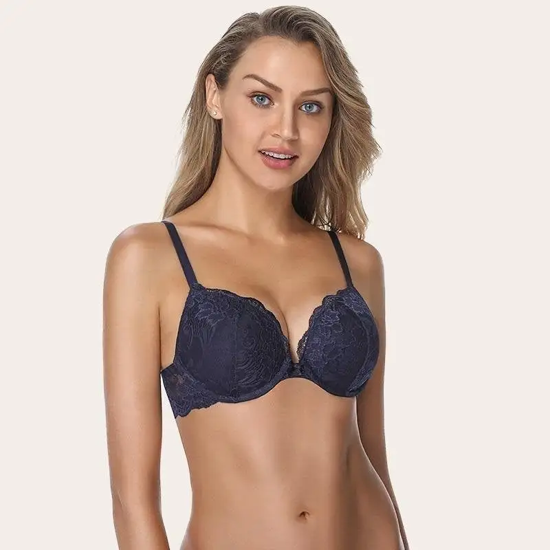 Floral Lace Push Up Bra Lightly Padded Comfort Demi Plunge Bra