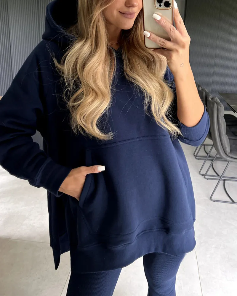 Slit hoodie pencil pants two piece set