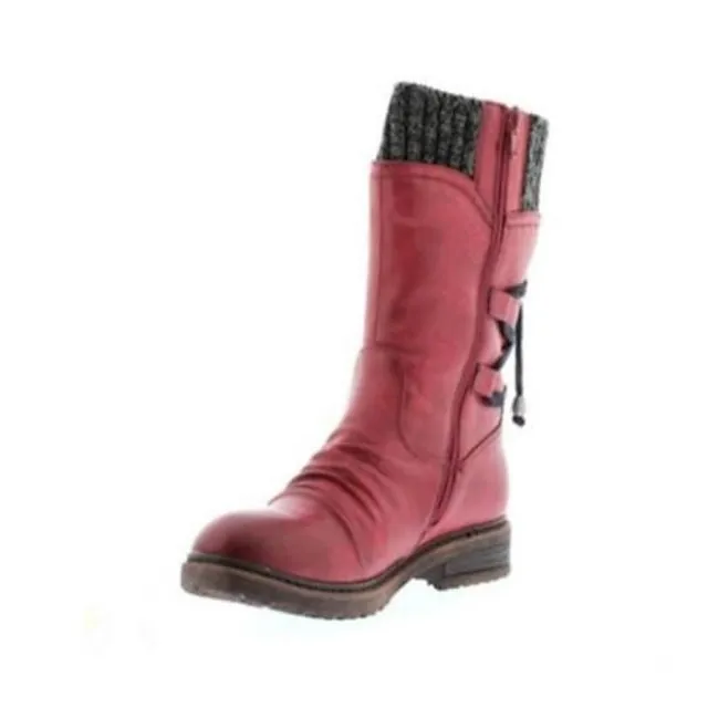 Women's Boots Snow Boots Sweater Boots Plus Size Outdoor Daily Mid Calf Boots Winter Lace-up Flat Heel Round Toe Casual Faux Leather Zipper Black Red Blue