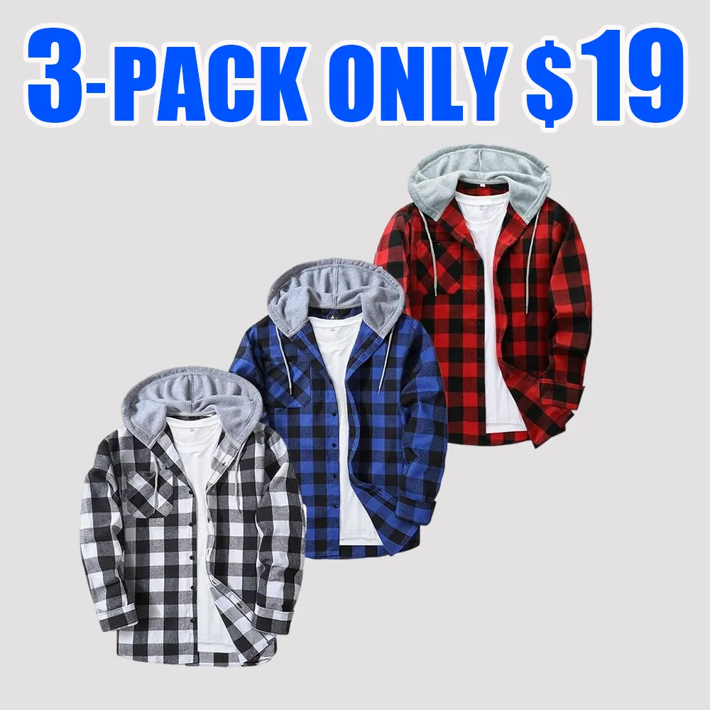 Men’s 3-Pack Flannel Hoodie Shirts – Plaid Button-Down Jackets with Hood & Pockets