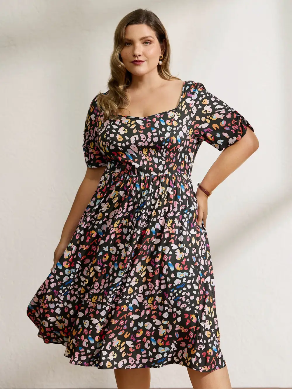 Rayon Leopard Print Drape Sleeve Midi Dress