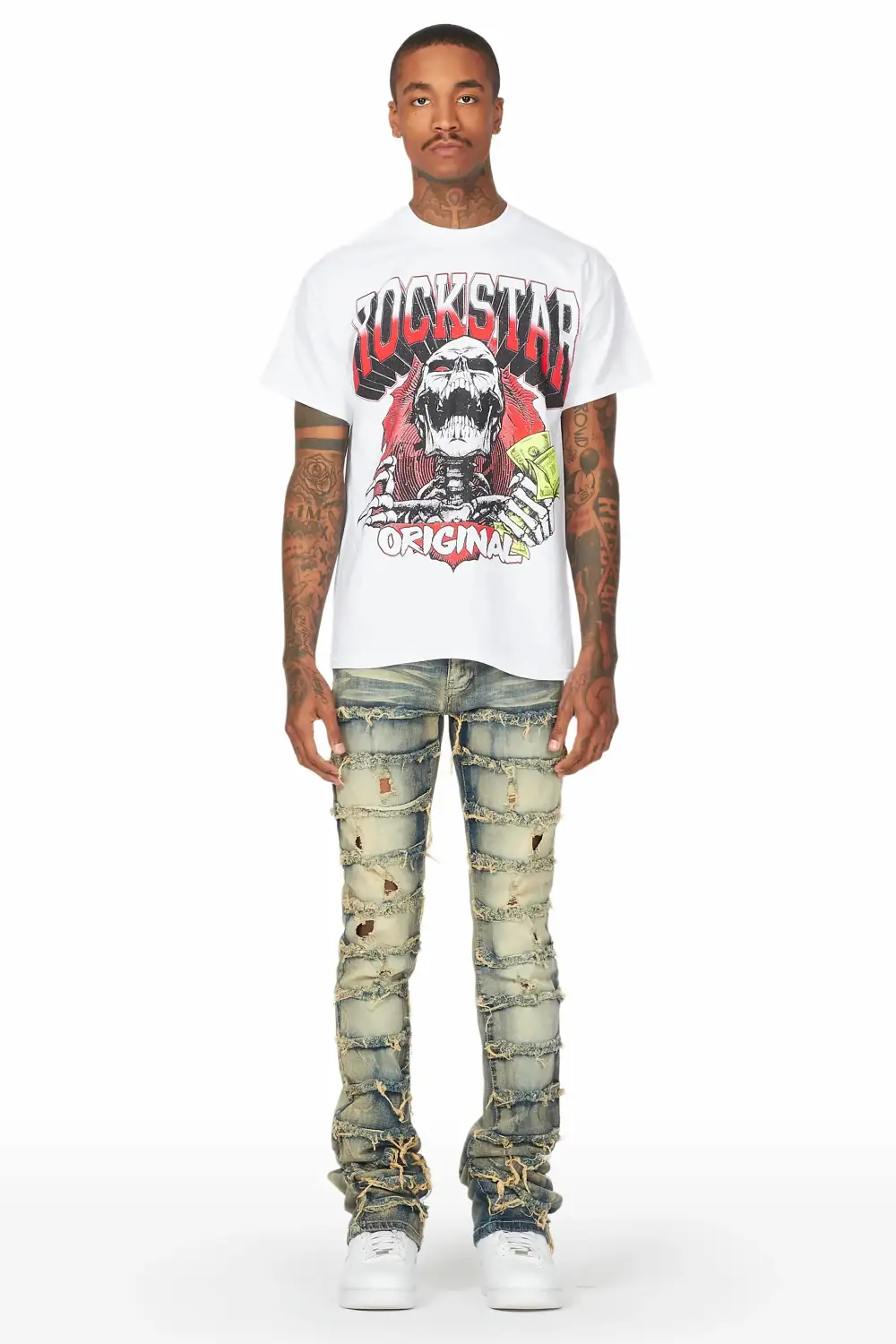 Waylon Rustic Blue Frayed Super Stacked Flare Jean