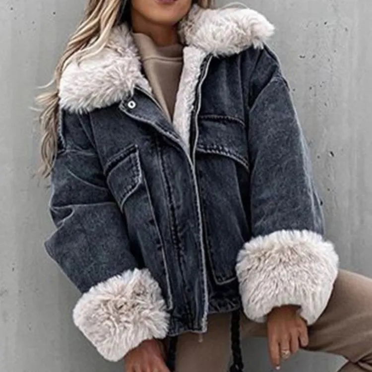Winter Faux Fox Fur Collar Jacket Denim Women Elegant Big Pockets Jacket