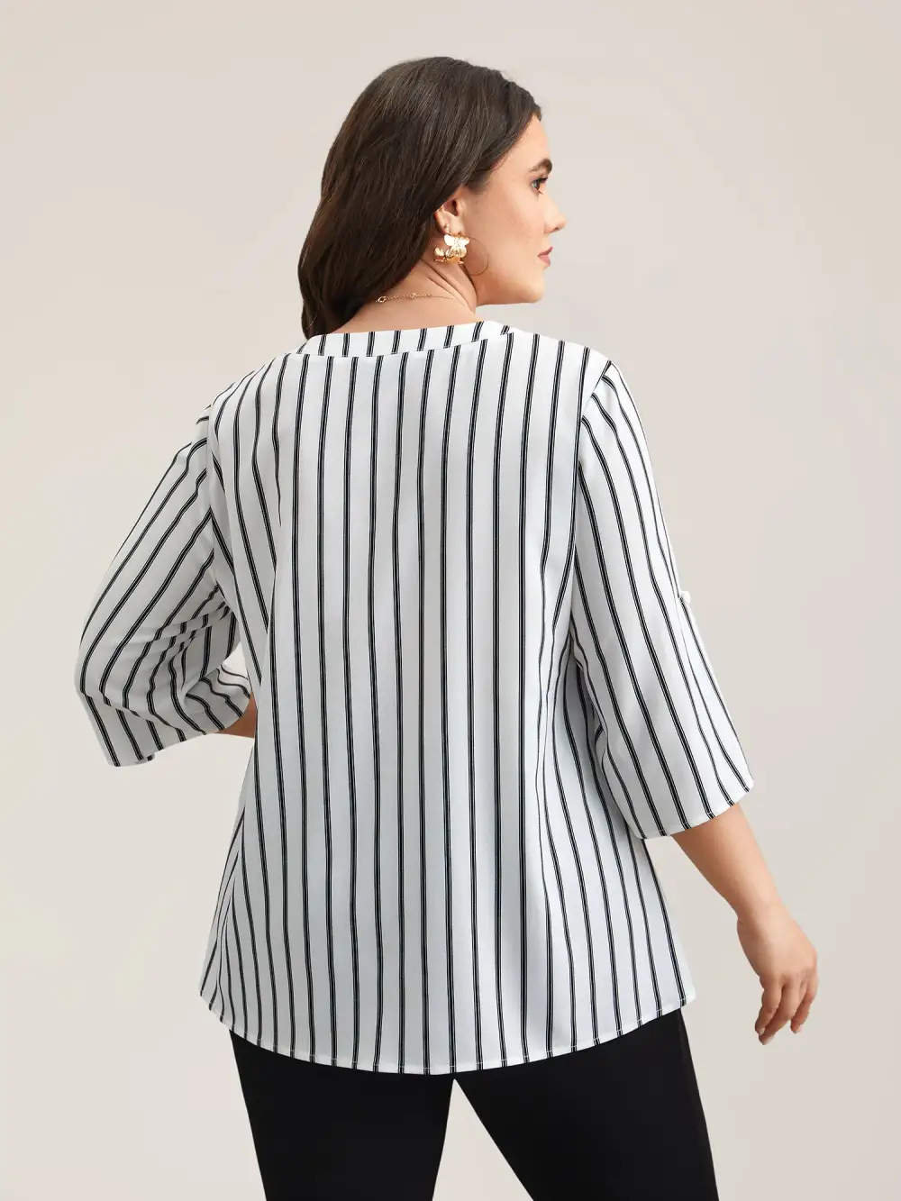 Notched Collar Striped Tab Sleeve Shirt