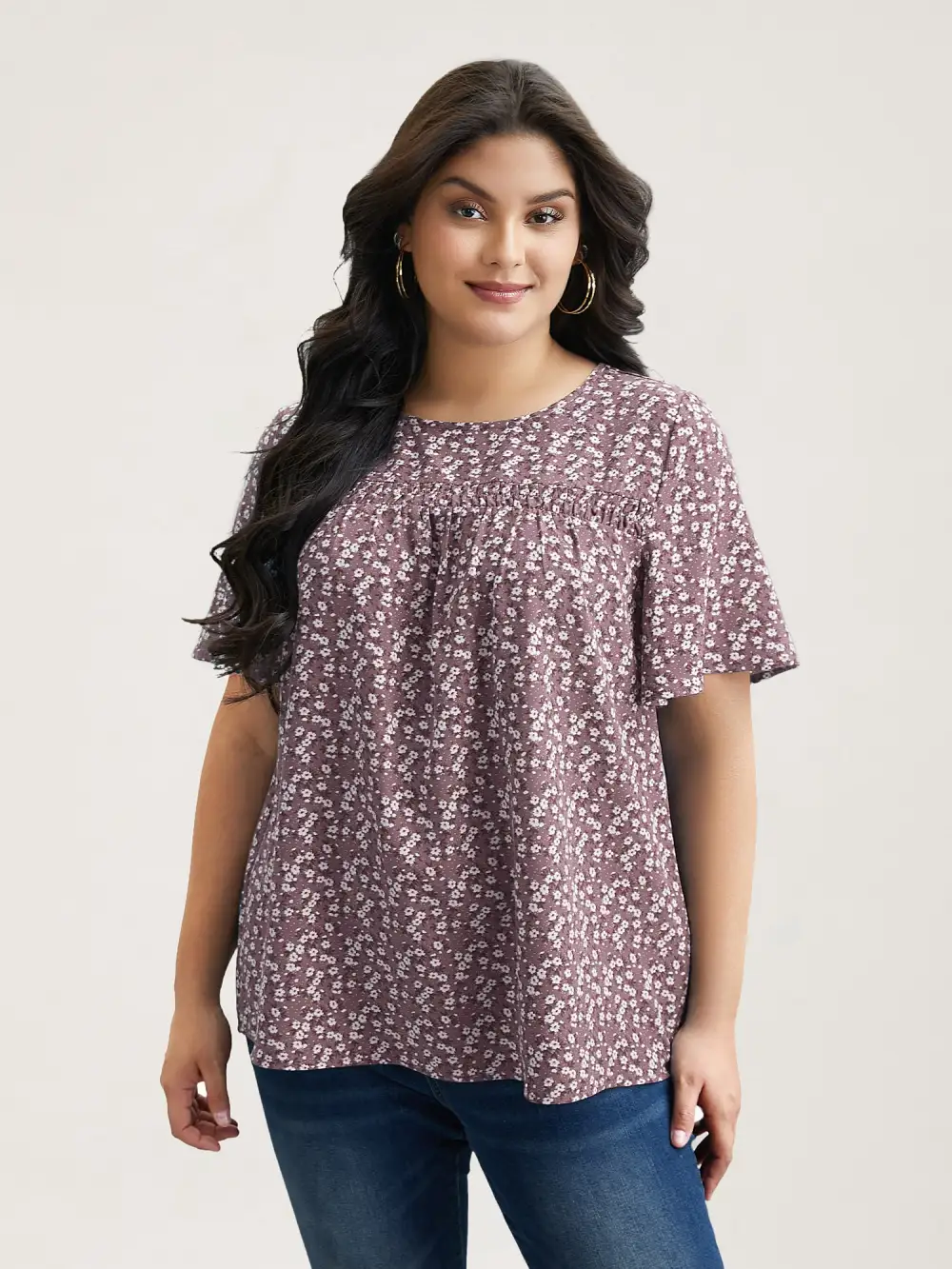 Floral Ruffle Sleeve Gathered Round Neck Blouse