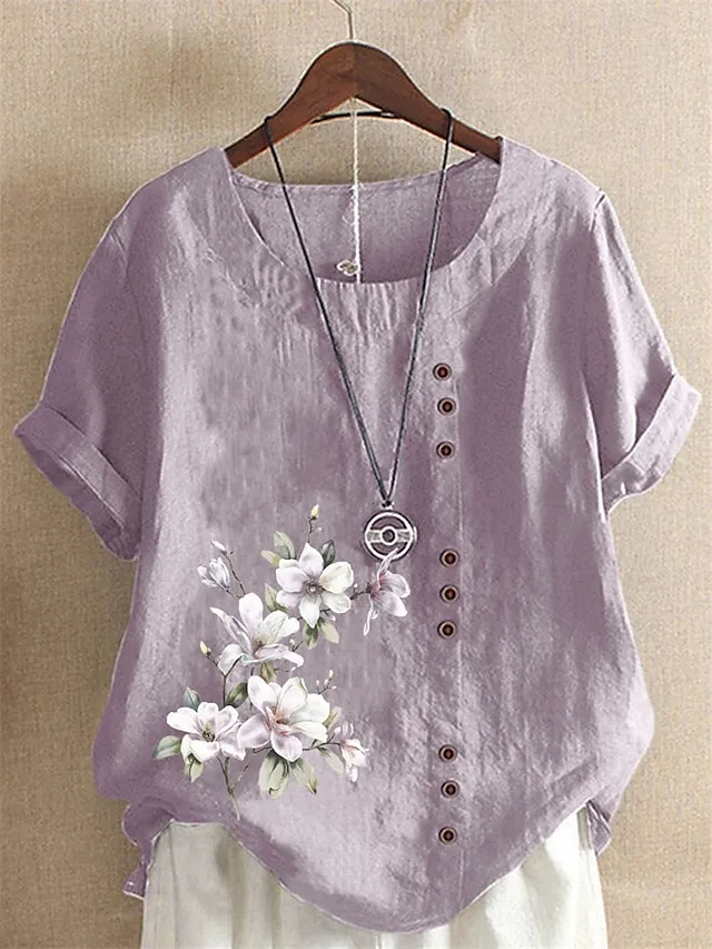 Women's Shirt Linen Shirt Blouse Cotton Linen Floral Button Print Daily Vintage Basic Holiday Short Sleeve Crew Neck White Summer Spring