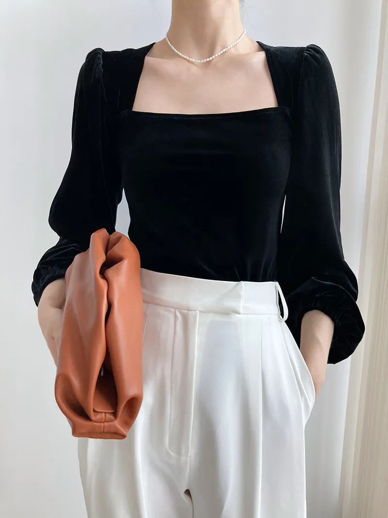 Black Velvet Square Collar Bubble Sleeve Blouse