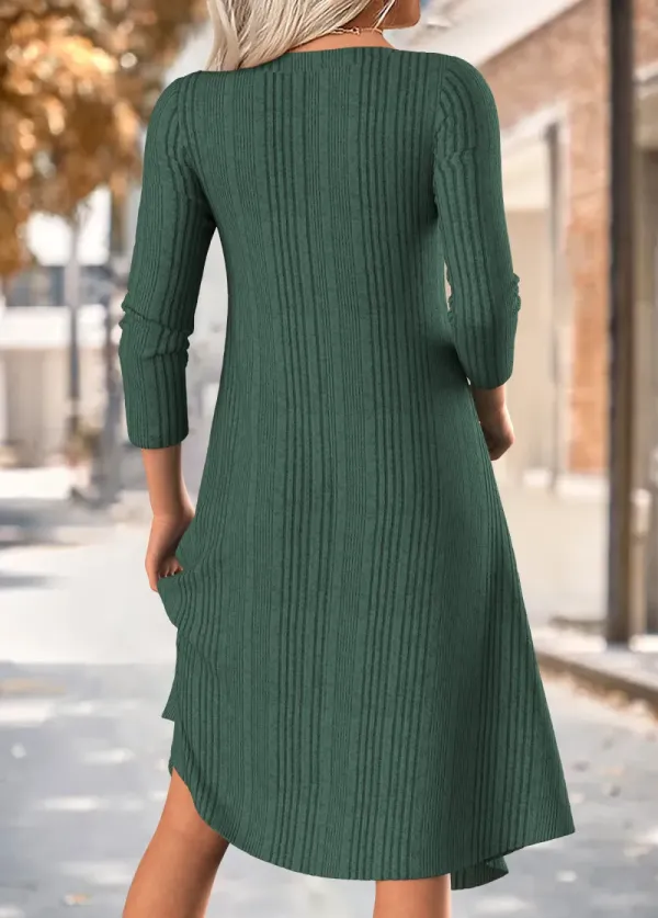 Blackish Green Tummy Coverage Long Sleeve V Neck Dress