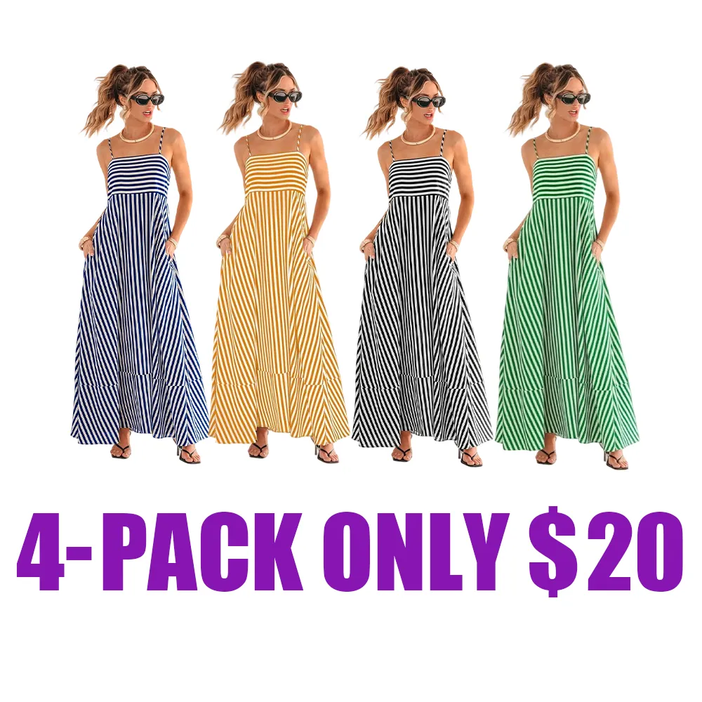 Striped Maxi Dress for Women – Square Neck Sleeveless Sundress, Casual Summer Outfit for Beach, Vacation, or Party