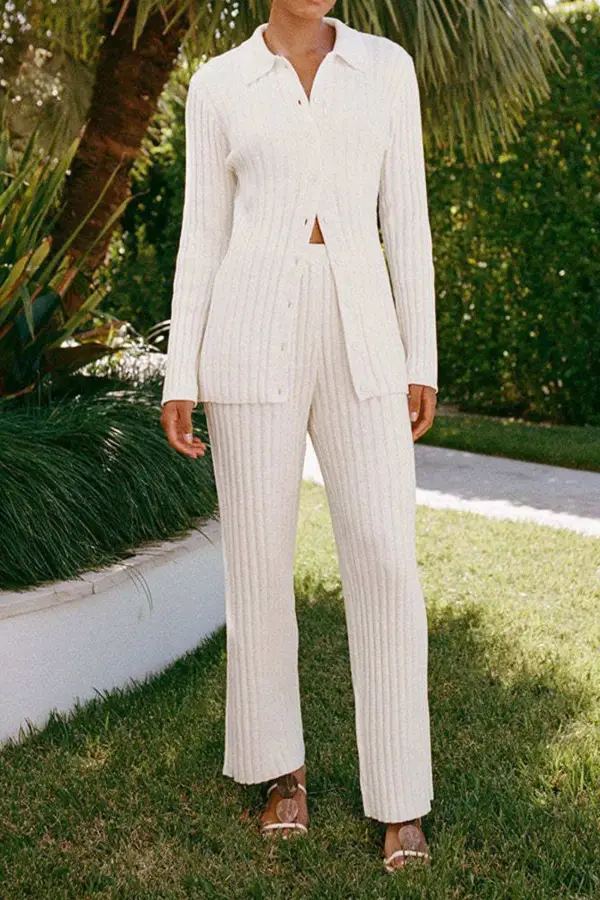 Lapel Ribbed Knit Cardigan Long Pants Suits