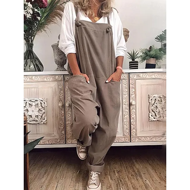 Women's Slacks Pants Trousers Maillard Overalls Dungarees Black Khaki Dark Blue Fashion Basic Slouch Daily Weekend Baggy Full Length Breathable Plain S M L XL XXL
