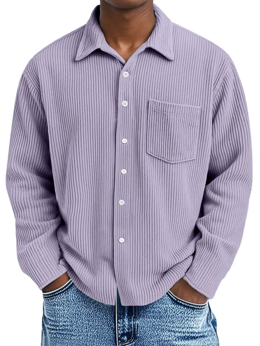 Men's Loose Casual Corduroy Loose Lapel Long Sleeve Shirt With Pockets