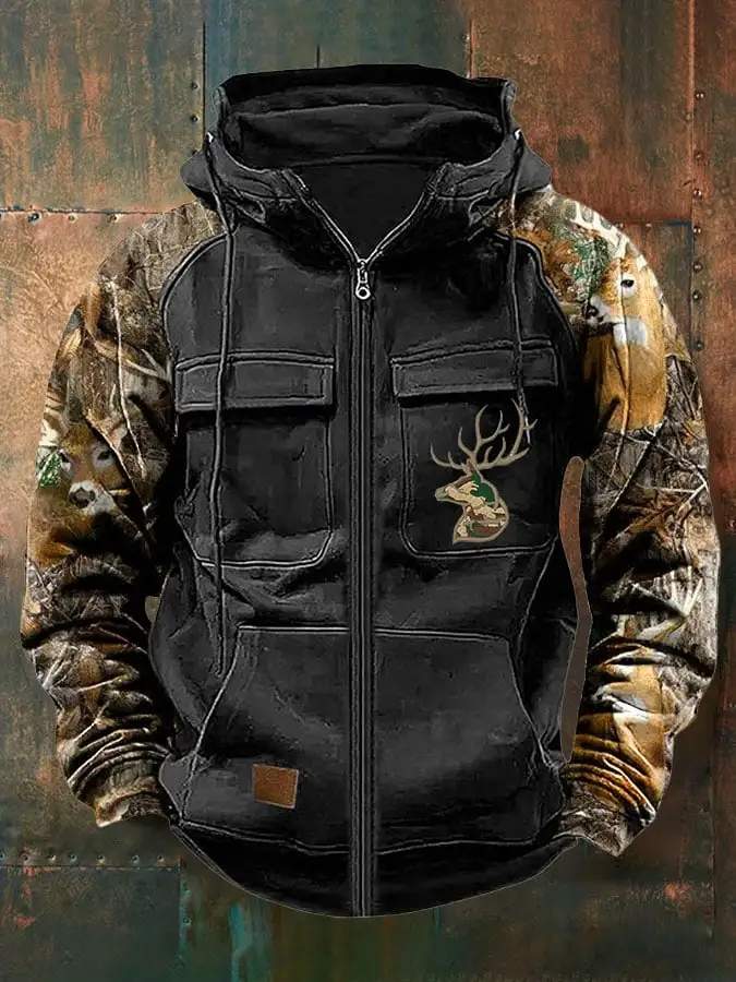 Men's Vintage Western Deer Print Multi-Pocket Jacket