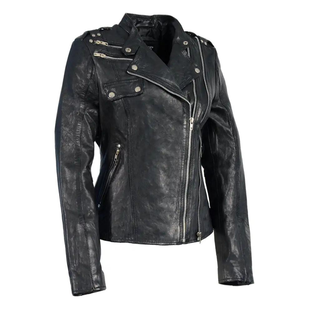 Leather Women's Black Leather Motorcycle Style Fashion Jacket with Asymmetrical Zipper SFL2845