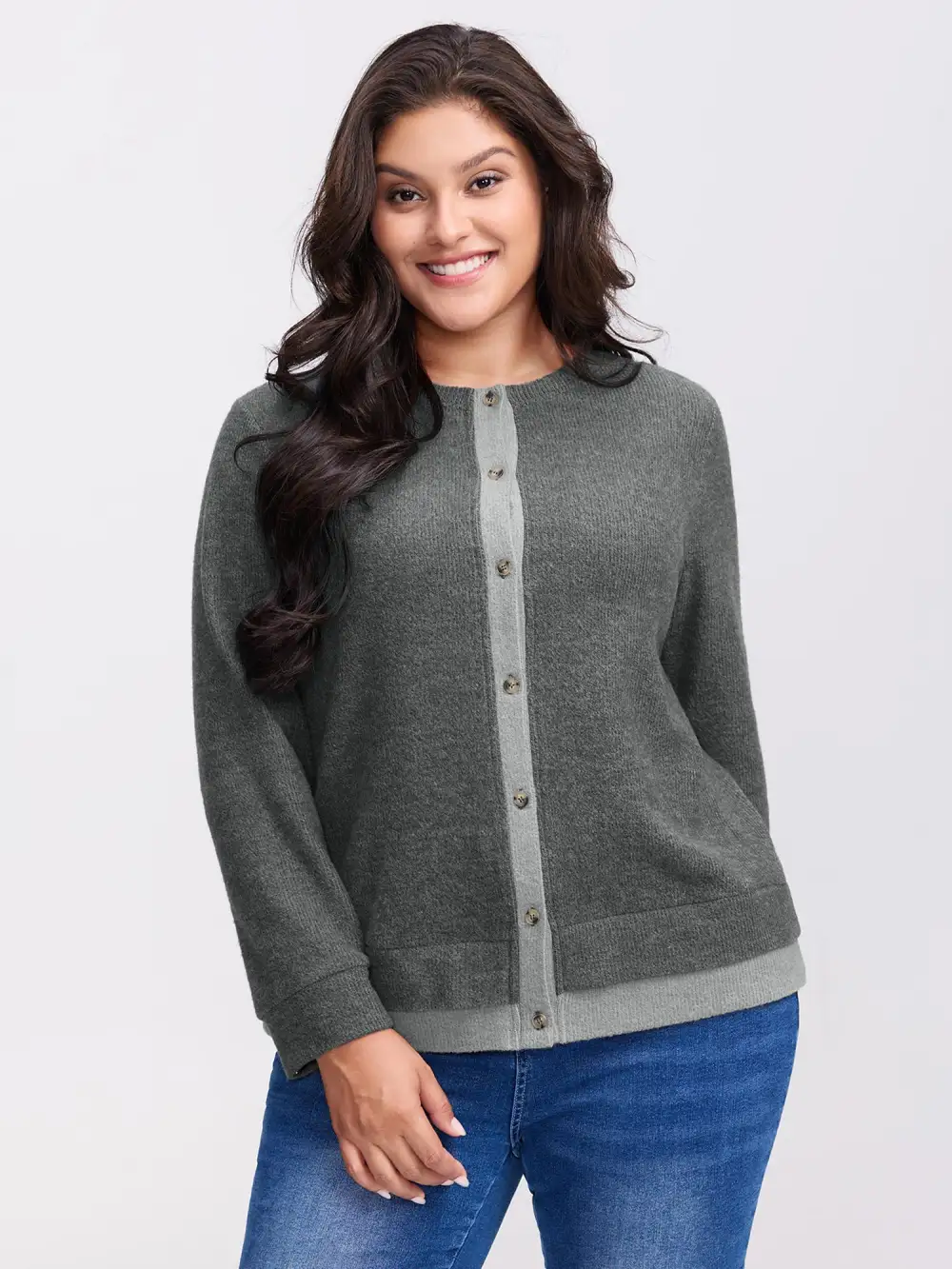 Ribbed Button Color Contrast Knit Top