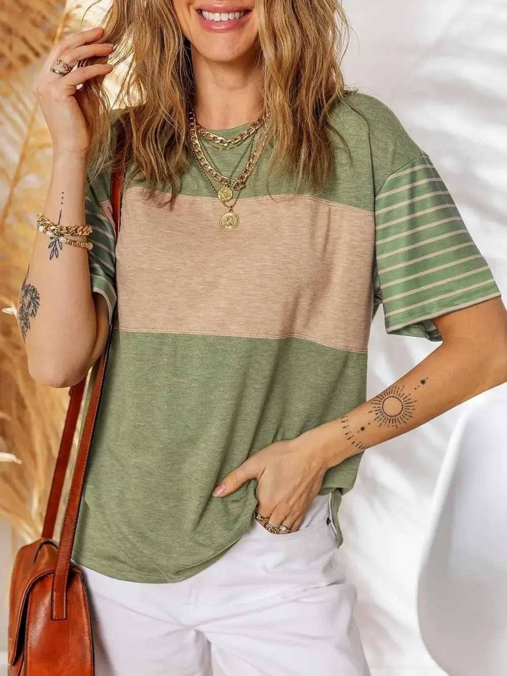 ✨Womens Oversized Crewneck Casual Color Block Striped Shirts Blouses