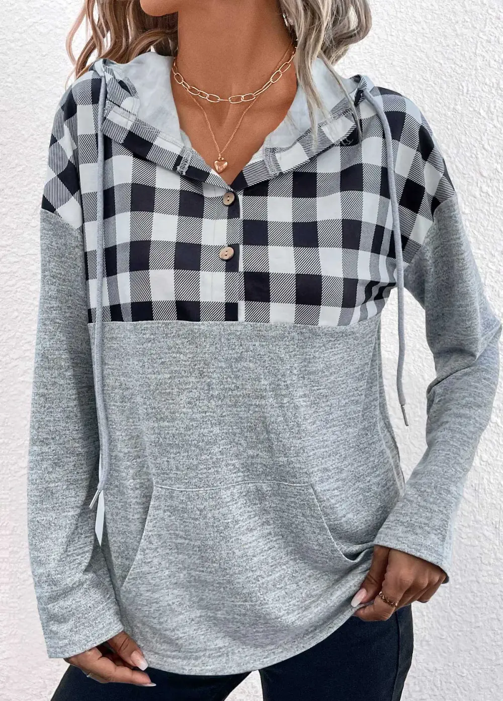 Light Grey Pocket Plaid Long Sleeve Hoodie