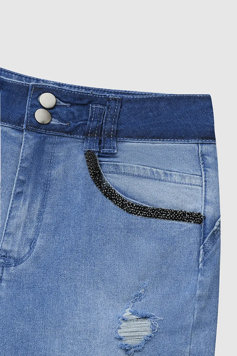 Ripped Button Front Roll Up Hem Jeans