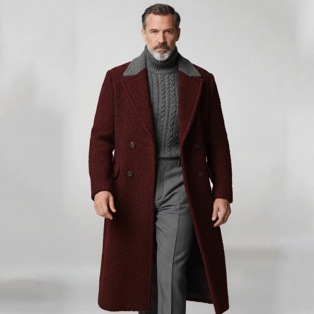 Men's Burgundy Two Tone Lapel Collar Double Breasted Long Sleeve Textured Overcoat