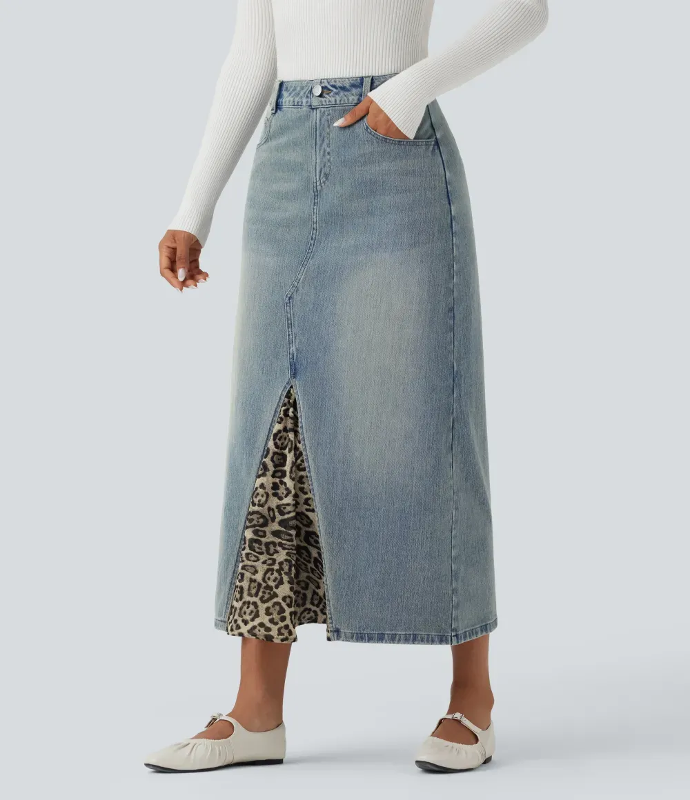 Halara FlexTM Mid Rise Contrast Leopard Mesh Midi Denim Casual A-line Skirt with Pockets
