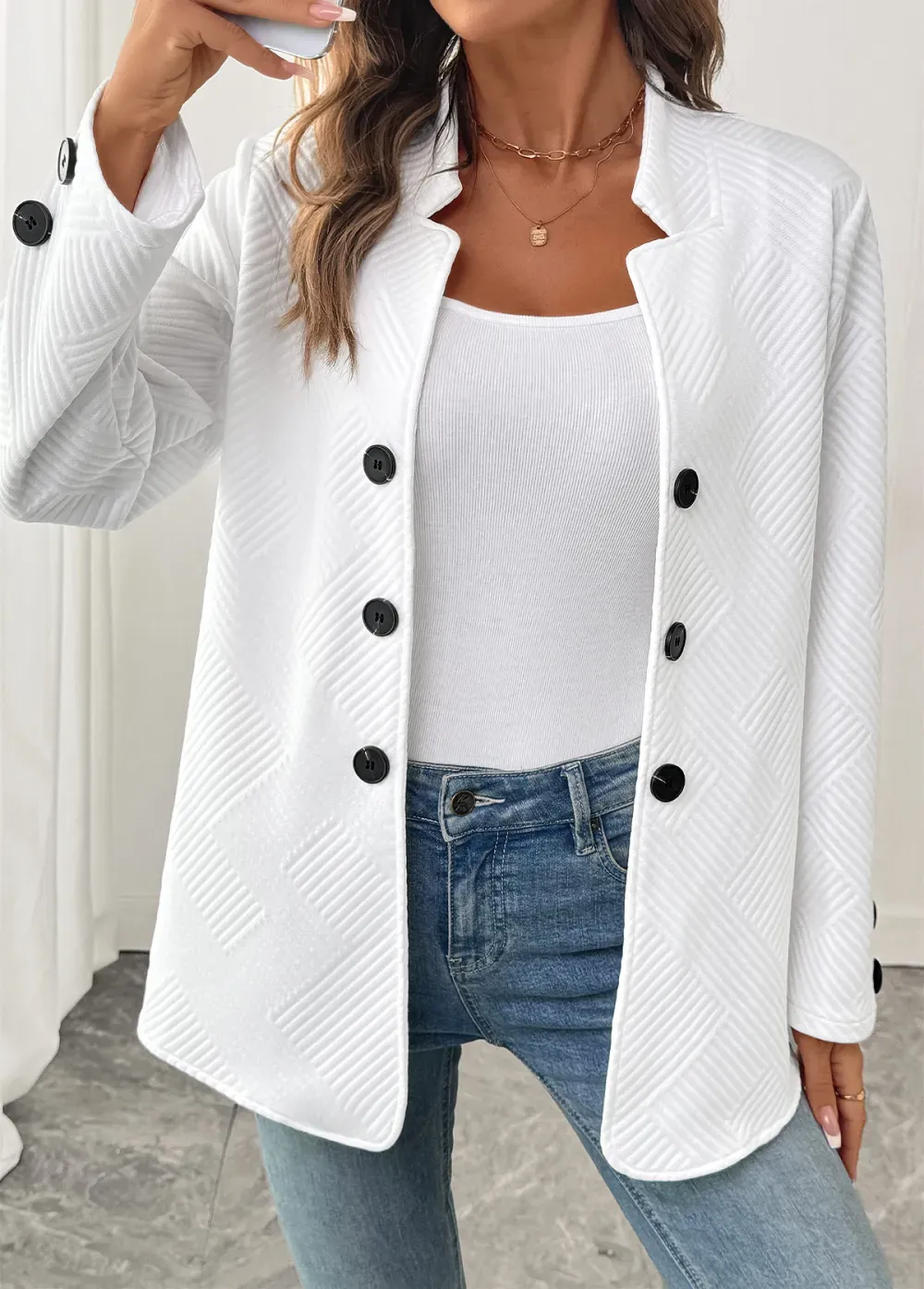 White Double Side Pockets Long Sleeve Coat