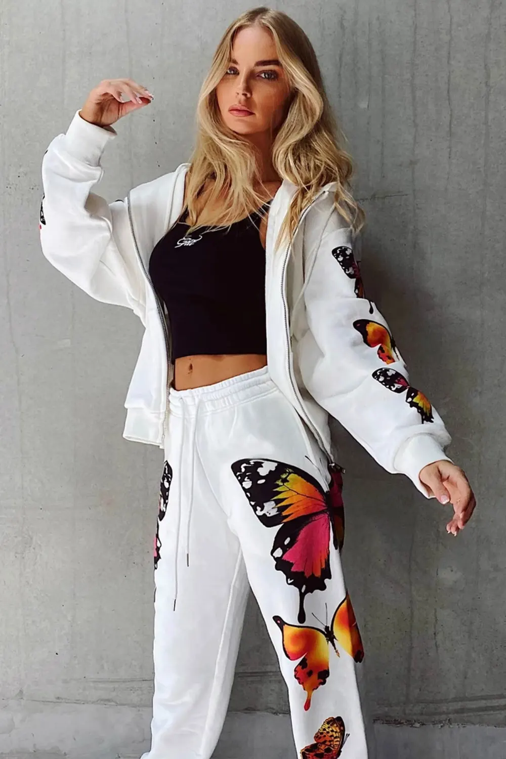 Butterfly Print Hoodie Long Pants Two Piece Outfits