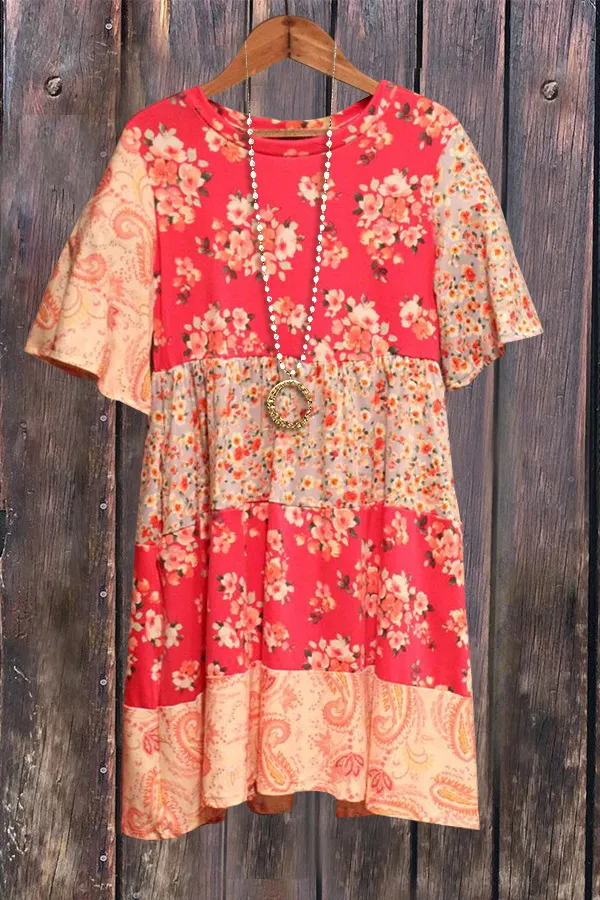 Floral Print Contrast Tiered Dress