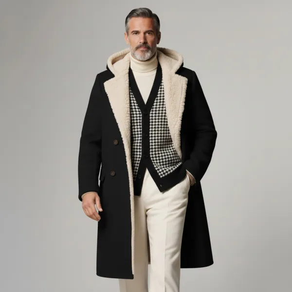 Men's Black Double Breasted Long Sleeve Shearling-Lined Hooded Coat