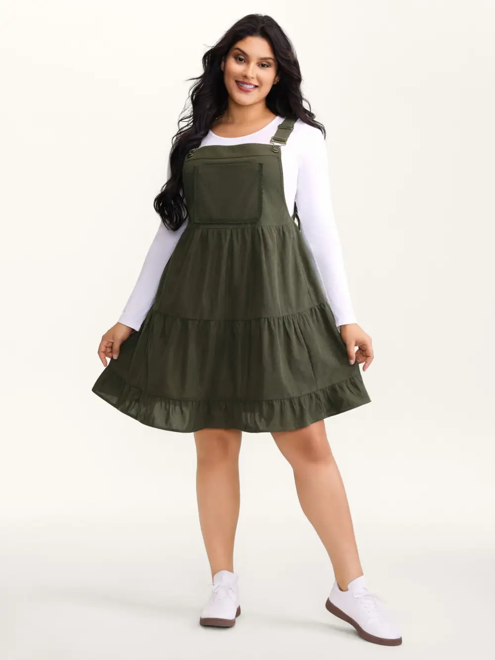 Corduroy Lace Trim Overall Strap Midi Dress