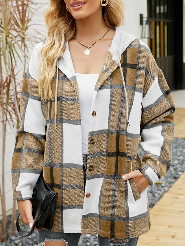 Women's Casual Jacket Dailywear Button Plaid Casual / Daily Vintage Loose Fit Outerwear Long Sleeve Summer