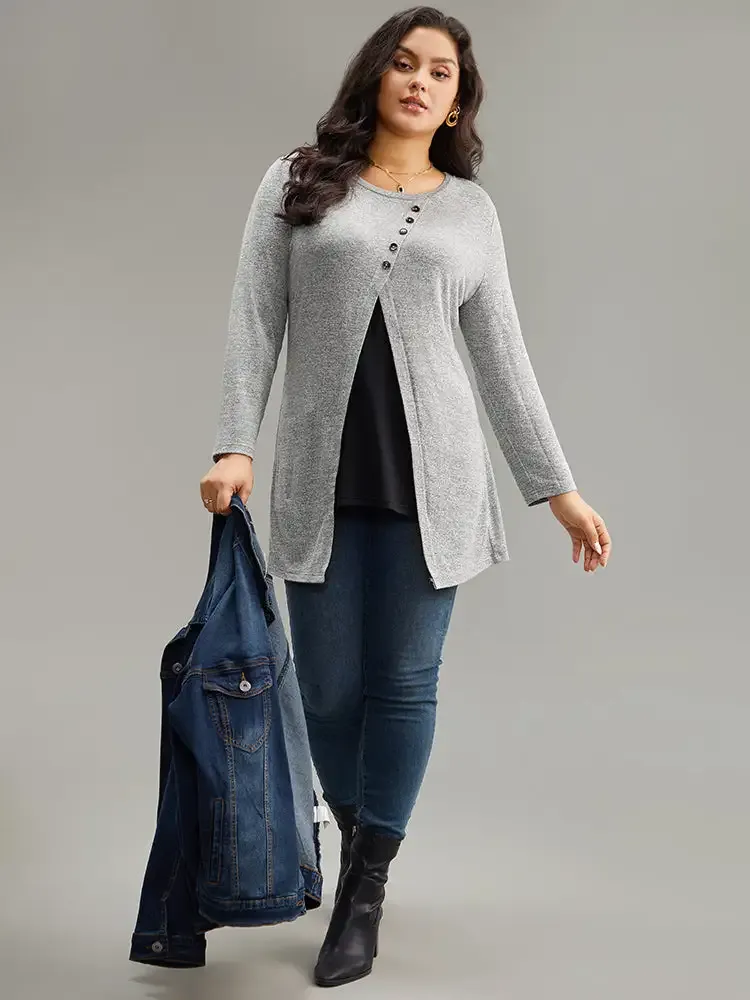 Contrast Patchwork Crew Neck Button Detail T-Shirt