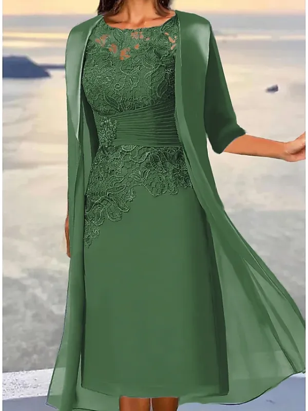 Women's Lace Dress Dress Set Two Piece Dress Midi Dress Dusty Blue Green 3/4 Length Sleeve Pure Color Lace up Summer Spring Fall Crew Neck Elegant Party Wedding Guest 2023 S M L XL 2XL 3XL