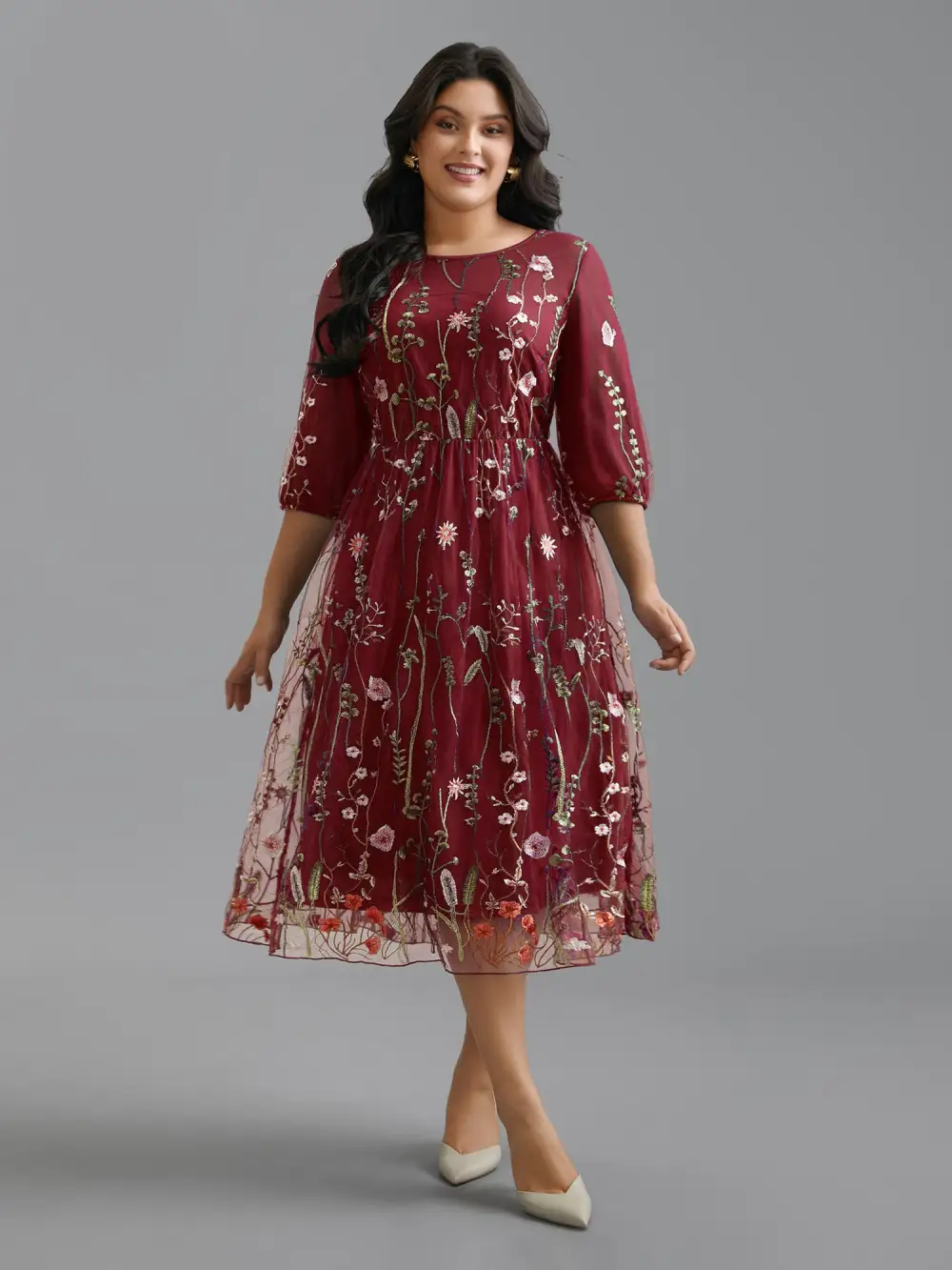 Floral Embroidered Elastic Waist Lined Midi Dress