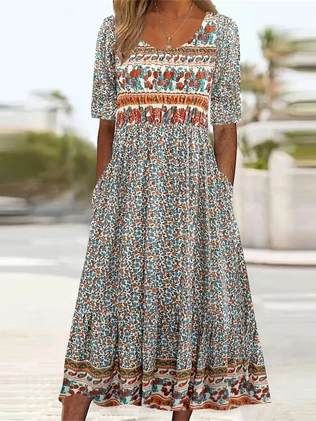 Women's Casual Dress Summer Dress Boho Dress Floral Ruched Pocket Crew Neck Midi Dress