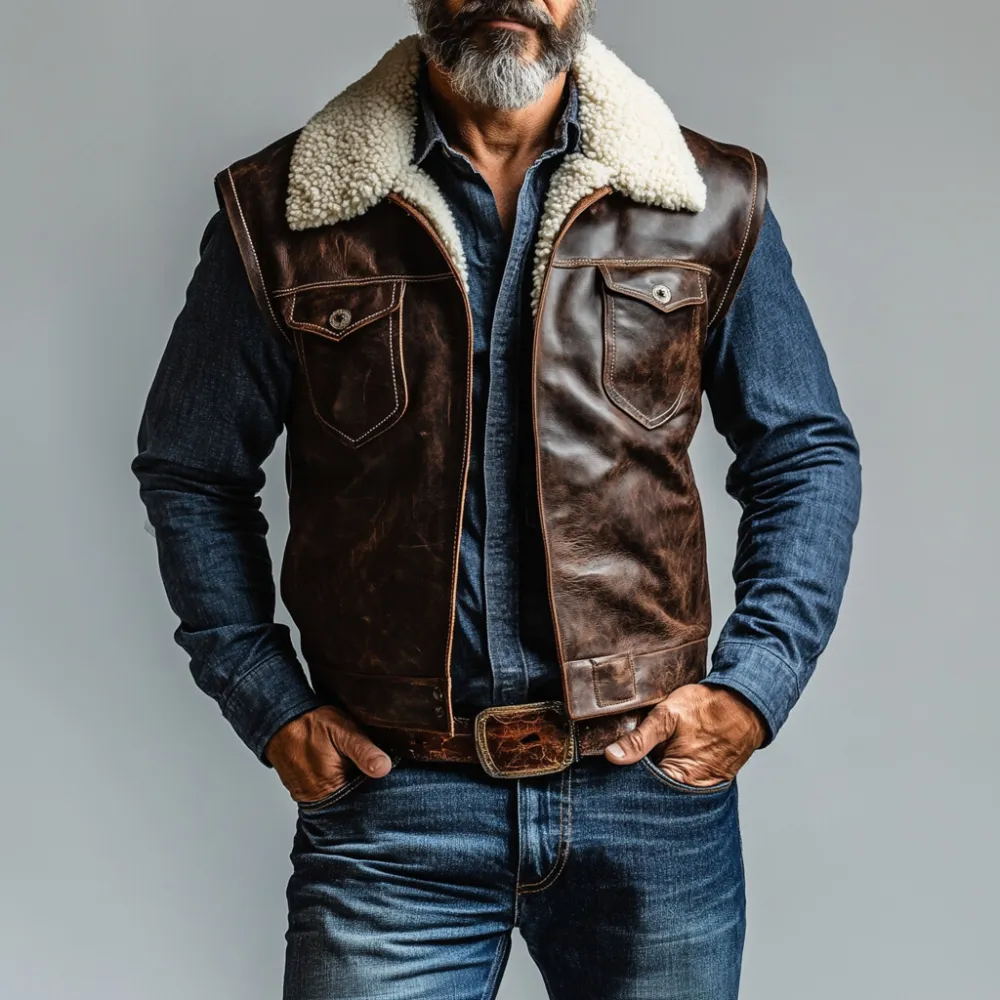 Men's Retro PU Leather Plush Lapel Collar Chest Pocket Vest