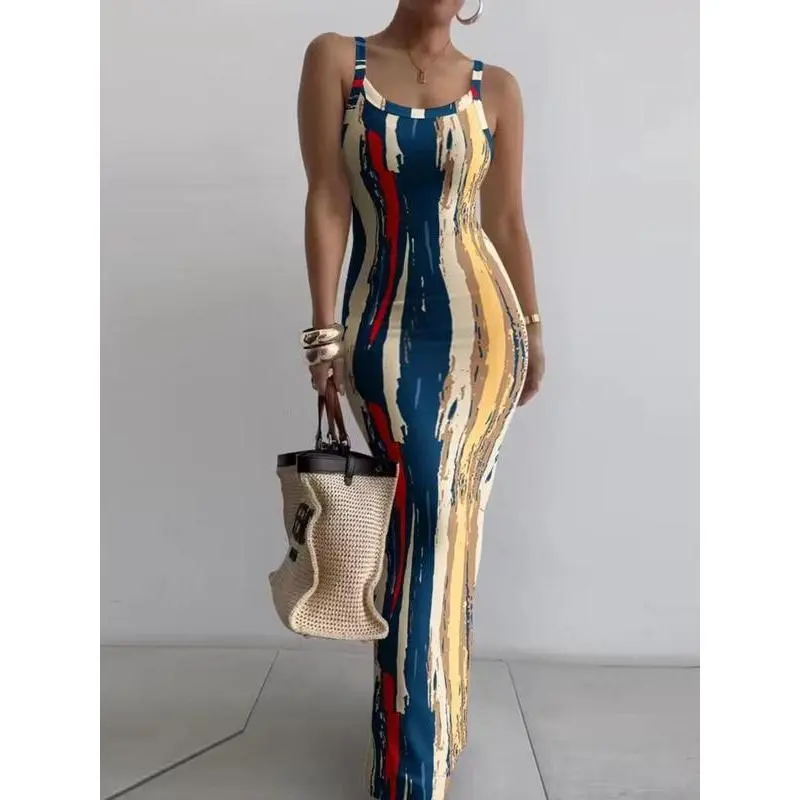 Women's Sleeveless Bodycon Maxi Dress – Printed Summer Beachwear