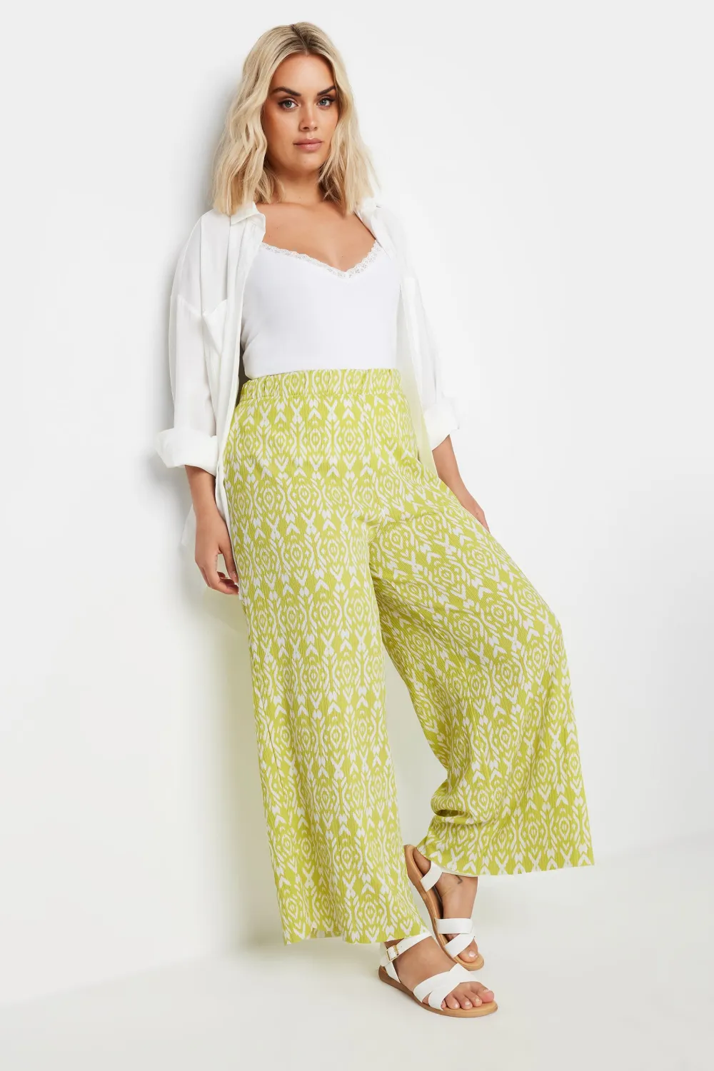 YOURS Curve Blue Abstract Print Textured Wide Leg Trousers