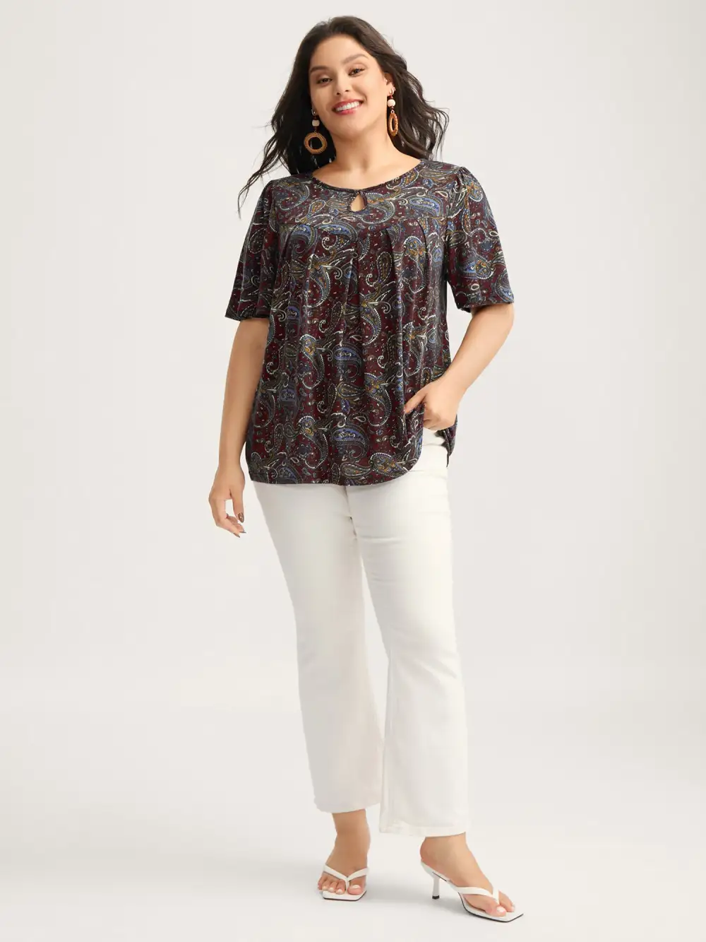 Paisley Print Neck Cut-Out Pleated Top