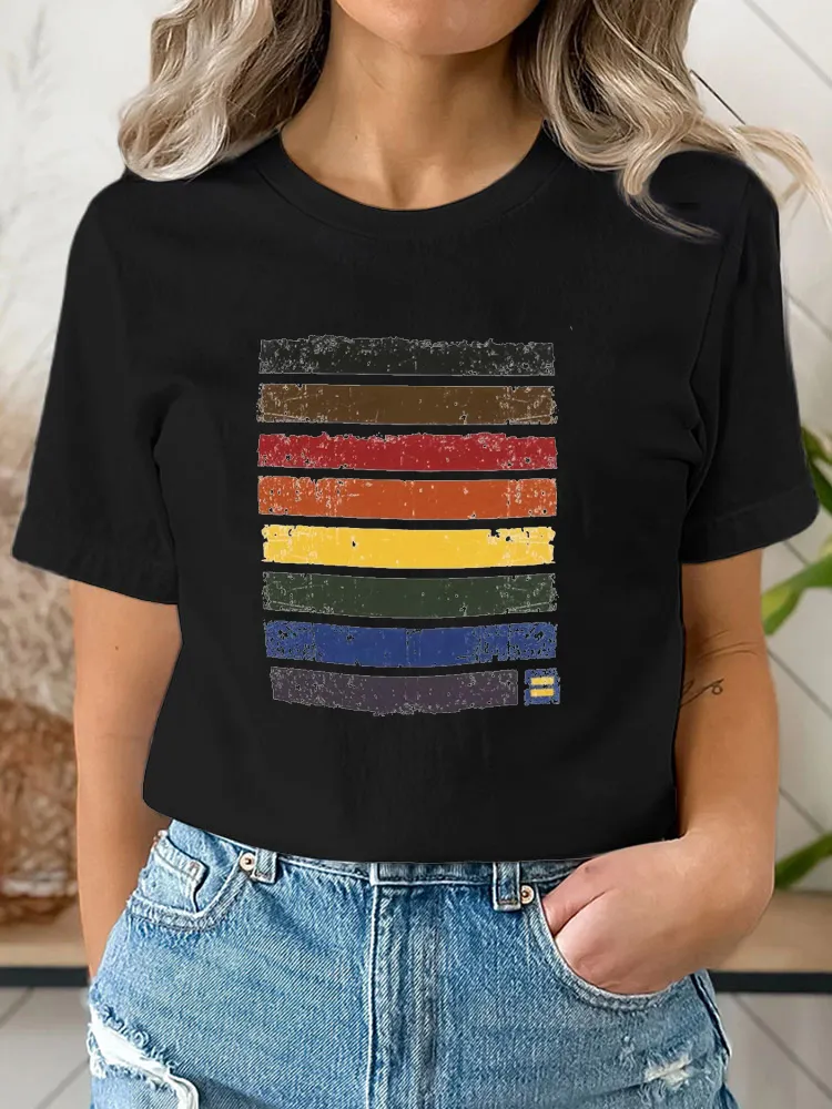 Rainbow Pride Ringer Tank Top Tee Pure Cotton Round-Neck Short-Sleeved Top