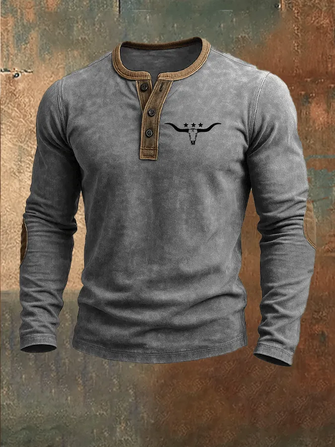 Men's Vintage Western Cow Print Henley Neck Top