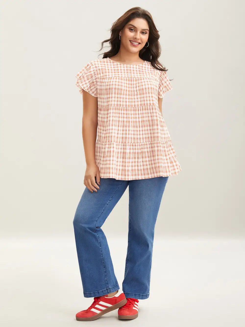 Plaid Print Textured Lotus Leaf Sleeve Shirt