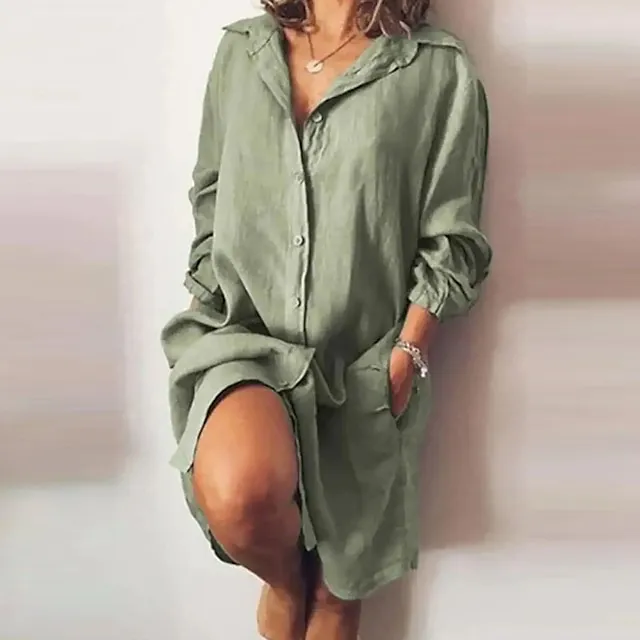 Women's Shirt Dress Casual Dress Cotton Linen Dress Midi Dress Cotton Blend Simple Basic Home Street Daily Shirt Collar Pocket Long Sleeve Summer Spring Fall 2023 Loose Fit Black White Yellow Pure