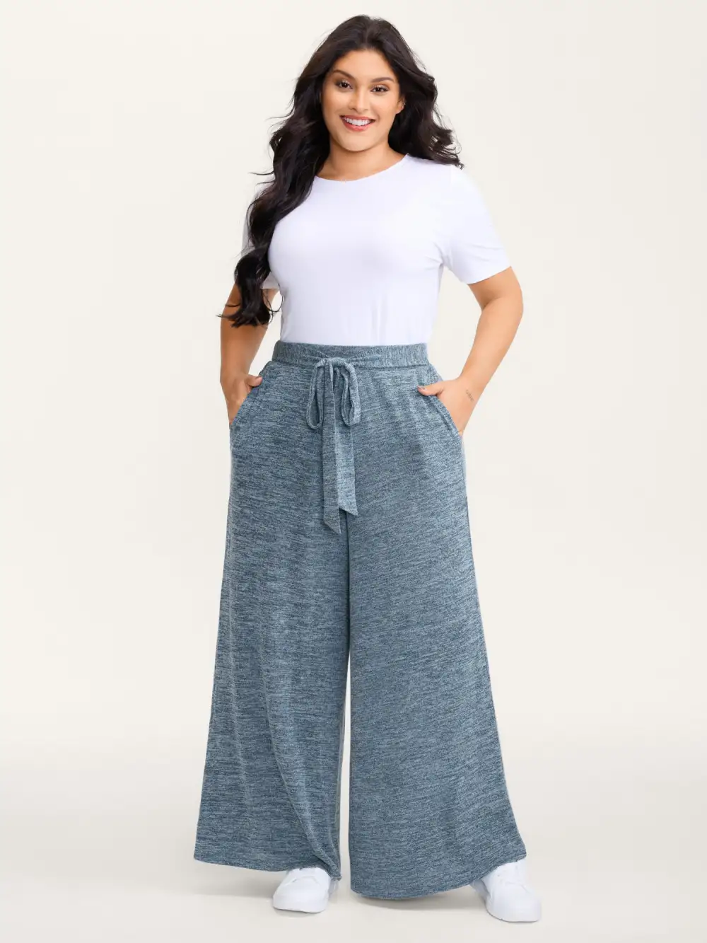 Stretchy Mixed-Color Belted Wide-Leg Pants
