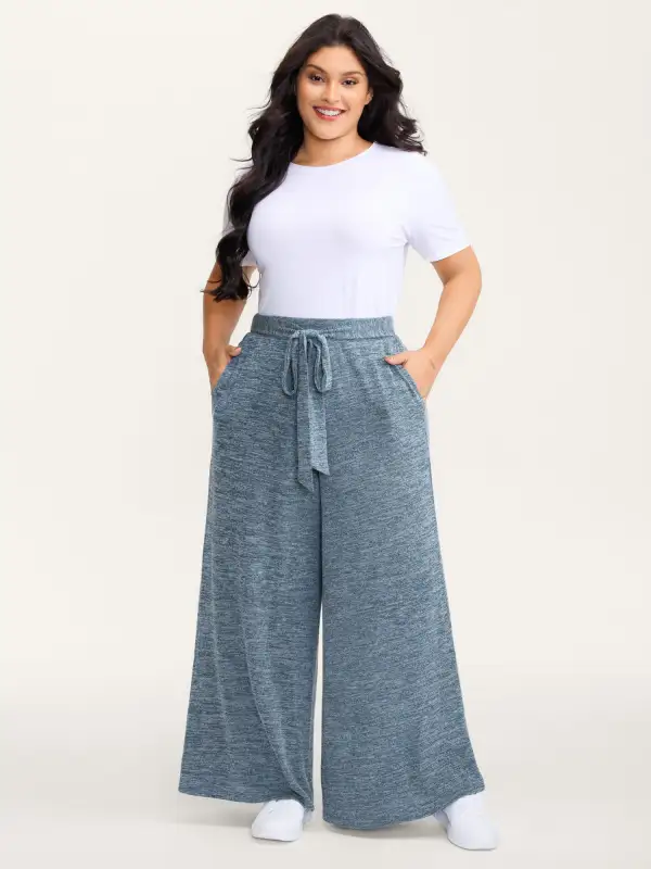 Stretchy Mixed-Color Belted Wide-Leg Pants