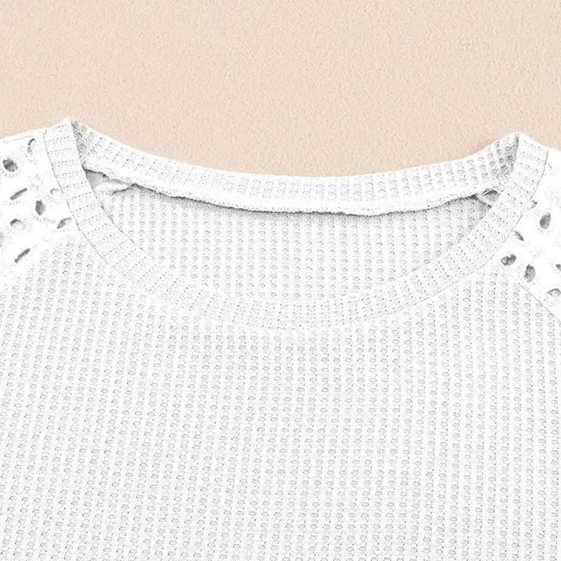 ✨Women Casual Round Neck Waffle Grid Patchwork Hollow Out Embroidered T-Shirt