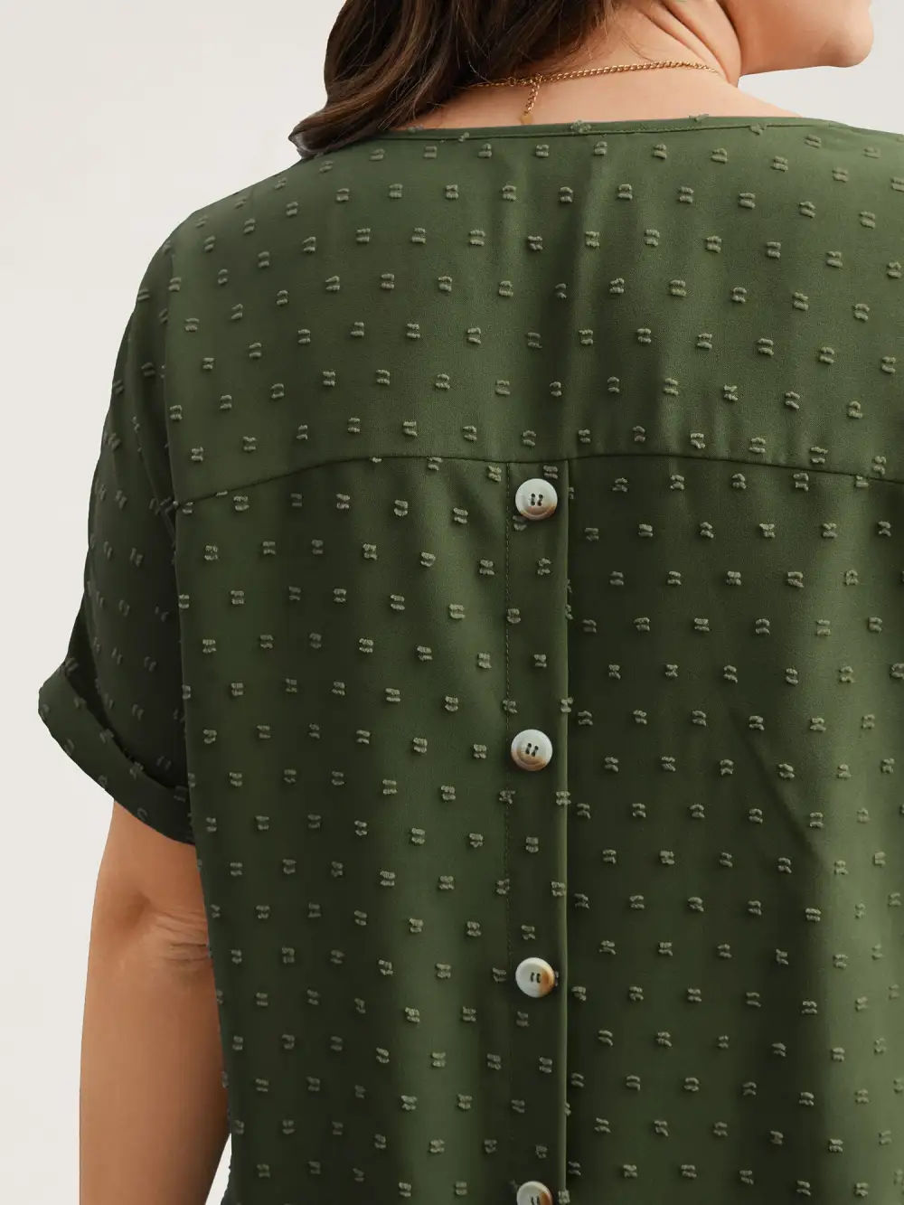 Back-Button Textured V-Neck Shirt