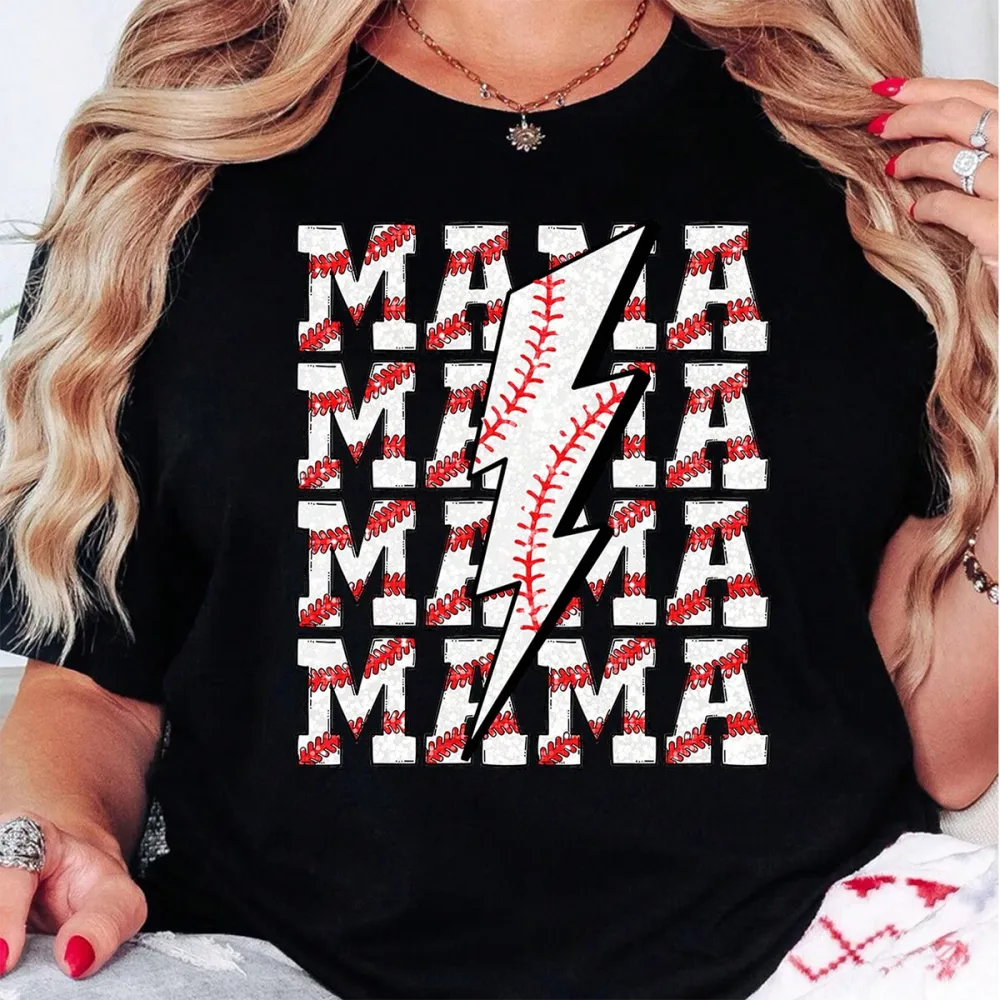 Baseball Mama Printed Round Neck Short Sleeve T-Shirt