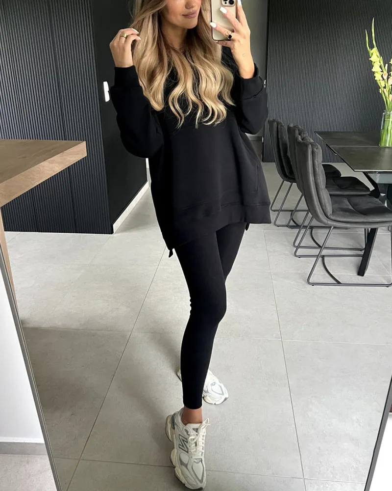 Slit hoodie pencil pants two piece set
