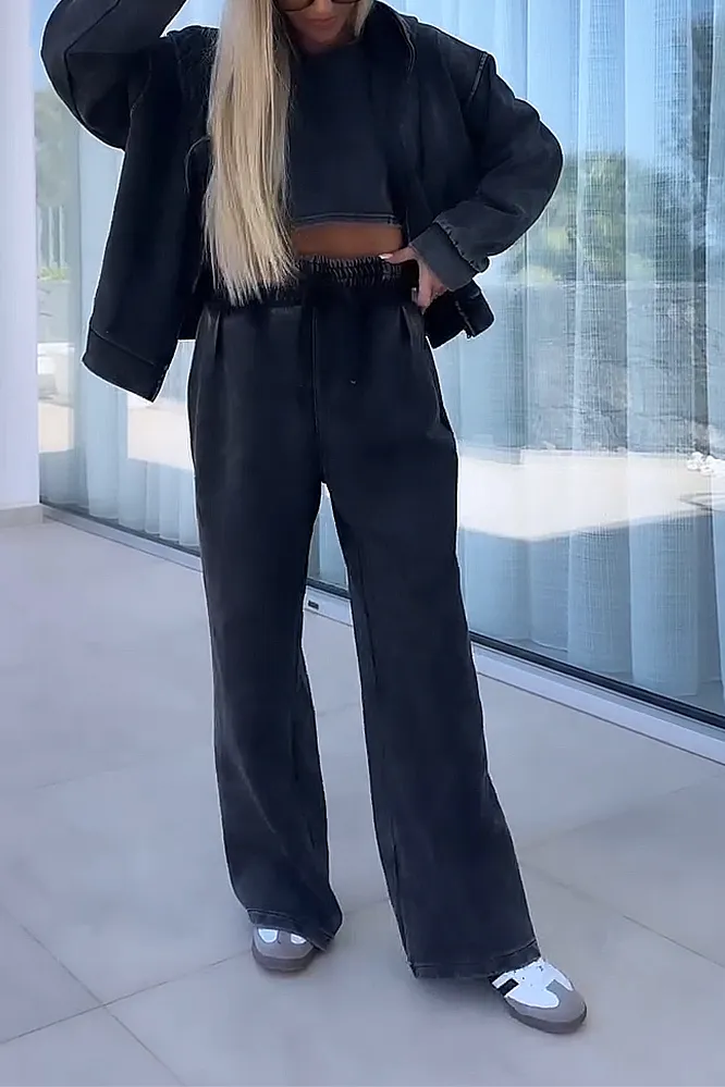 Women's Solid  Color Vest And Hooded Sweatshirt & Elastic Knitted Pants Three-piece Set